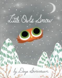 The cover of the book Little Owl's Snow. The illustration is of a tiny orange owl with big green eyes flying on a snowy night.