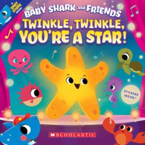 The cover of the Baby Shark and Friends book Twinkle, Twinkle, You're a Star! The illustration shows a smiling yellow star in the middle with sea creatures surrounding it.