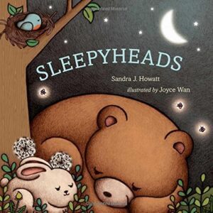 The cover of the book Sleepyheads. The illustration shows a bear, a bird, and a rabbit sleeping peacefully outside.
