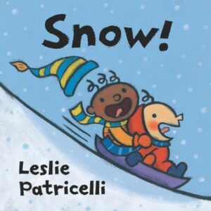 The cover of the book Snow! The illustration is of two joyful children sledding down a hill in the snow.