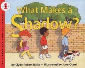 The cover of the book What Makes a Shadow? The illustration shows three children and a dog walking past a brick wall, casting shadows on it.