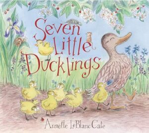 The cover of the book Seven Little Ducklings. The illustration shows a mama duck walking proudly down a path followed by seven ducklings.